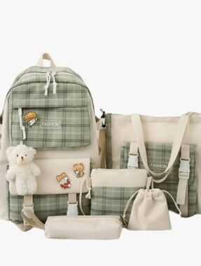 Green Plaid Backpack & Tote Set - Fashion Patch Teddy Bear Keychain Accessories